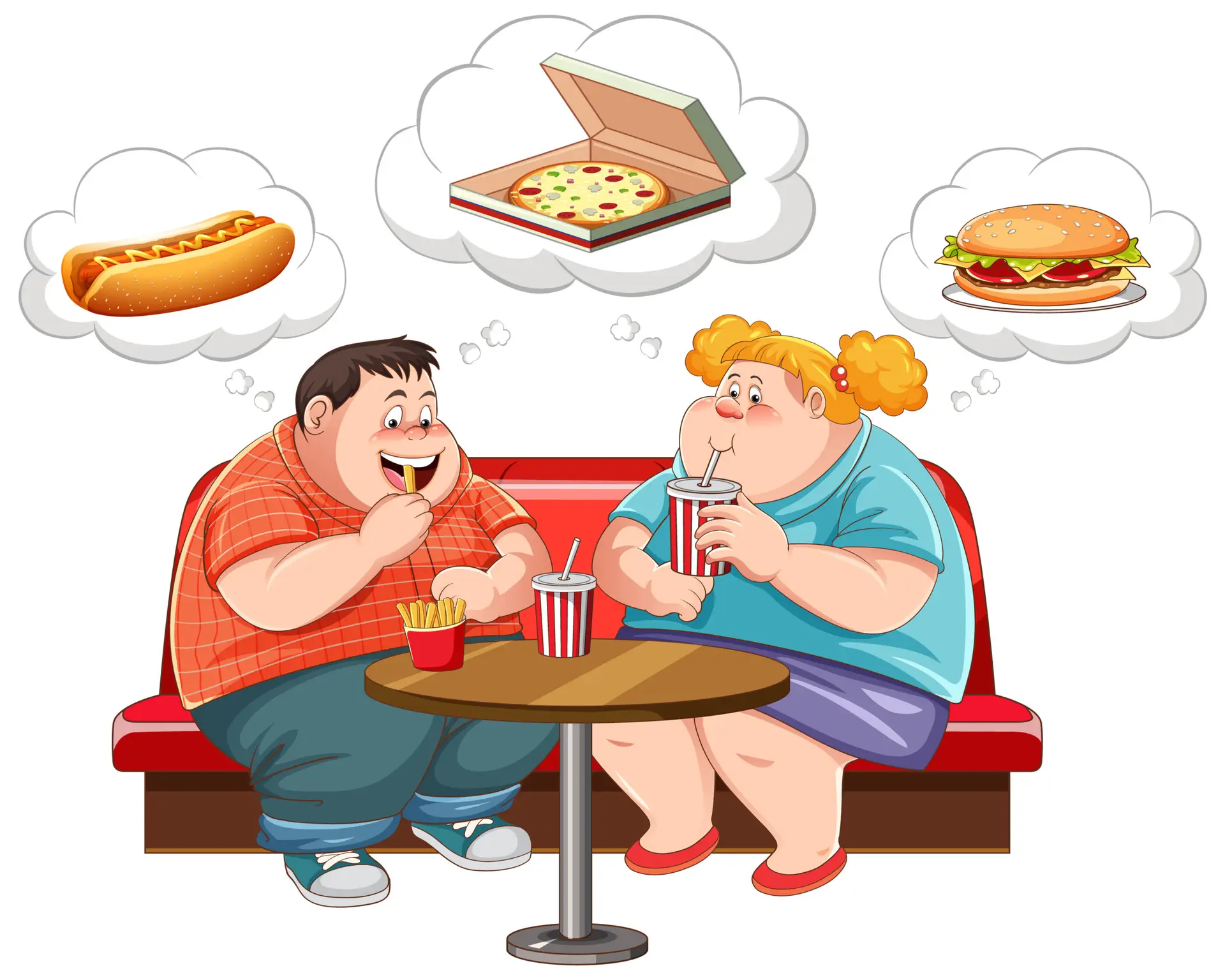 Overweight couple thinking about fast food illustration